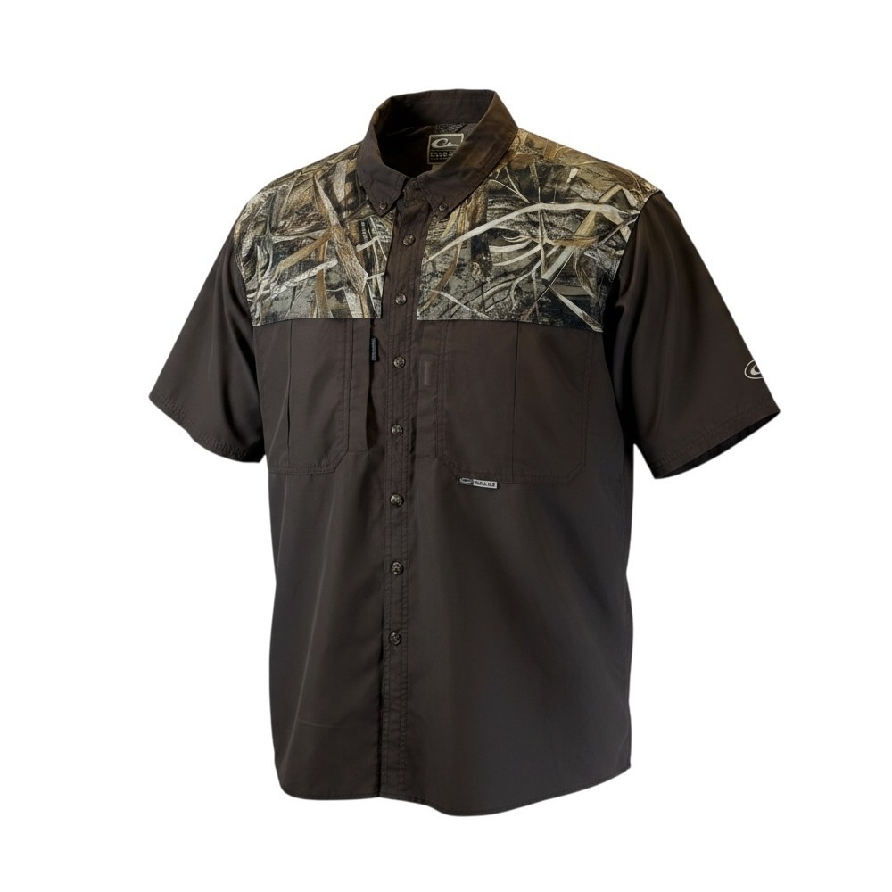 Drake Waterfowl Systems Mens Brown Camo Short Sleeve Hunting Shirt Large